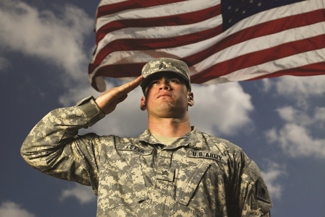 Soldier saluting with American Flag in the background