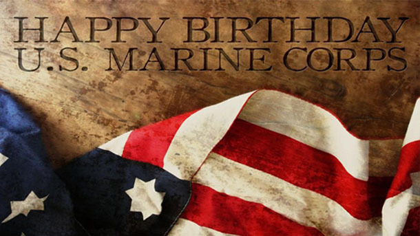American Flag with the phrase Happy Birthday U.S. Marines above it