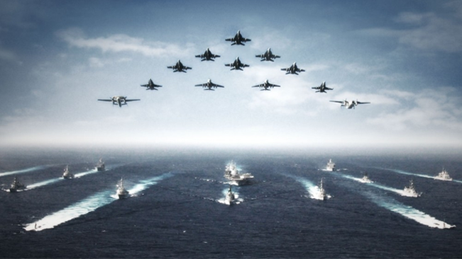 Battleship and plane formation