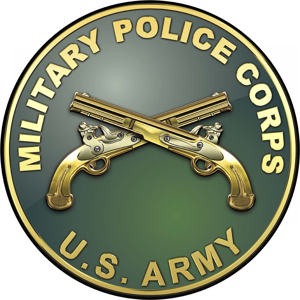 US Army Military Police plaque with branch insignia, letters, and rim in gold in a green background