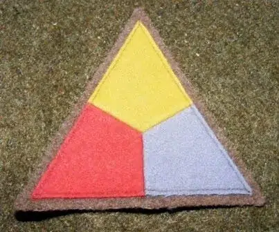 Triangle patch with the inside divided into three equal portions. The top portion is yellow, the bottom left portion is red and the bottom right portion is blue