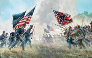 Union and Confederate Troops charging each other in battle