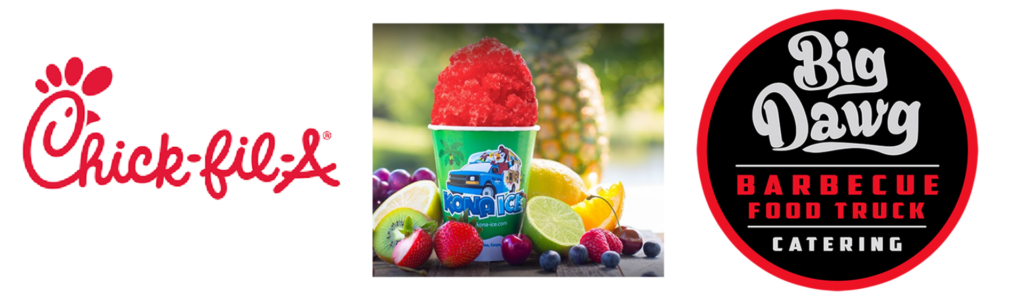 Logos for Chick-fil-A, Kona Ice and Big Dawg BBQ
